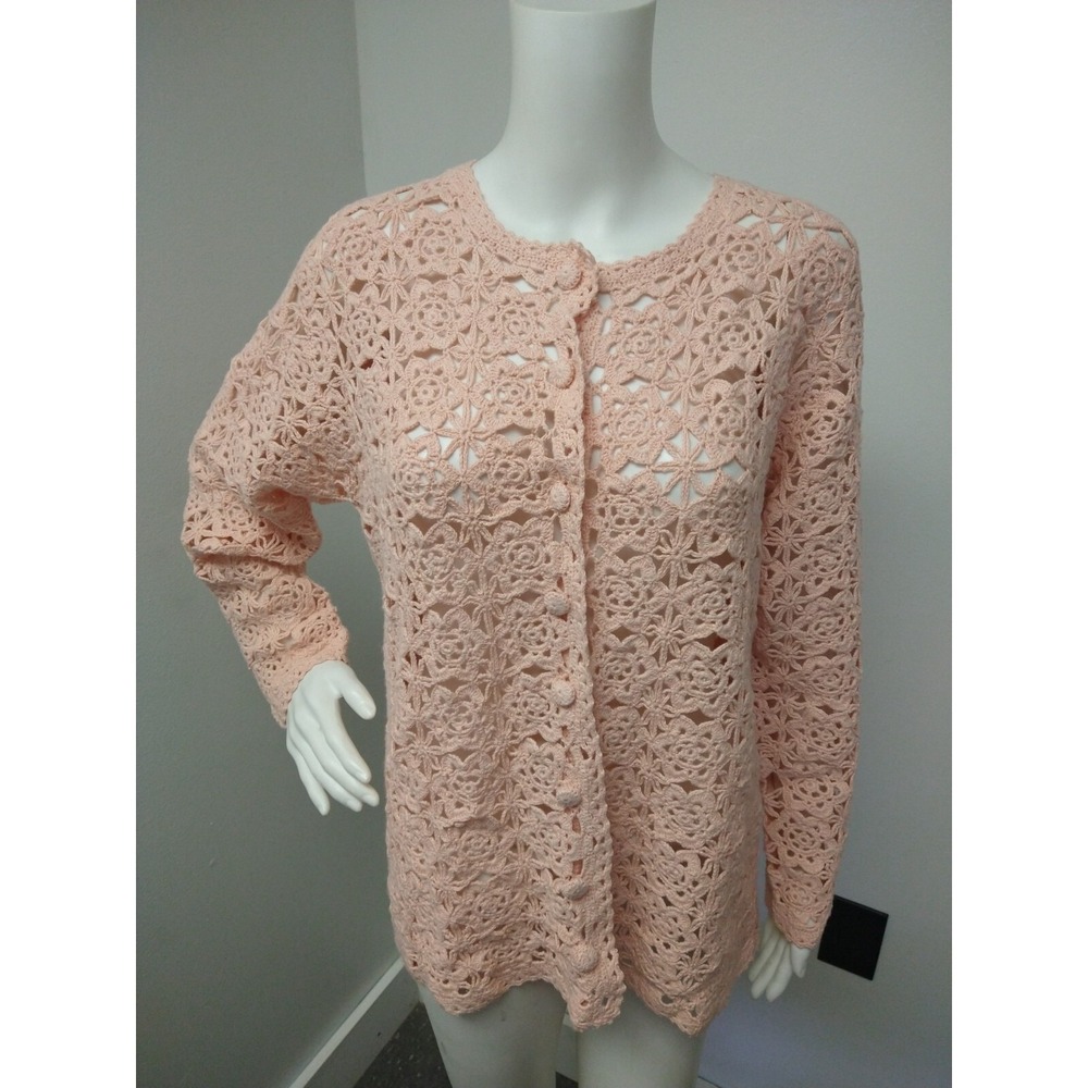 Haband for her Cardigan Sweater Women's M Eyelet Pink Dainty Elegant Crochet